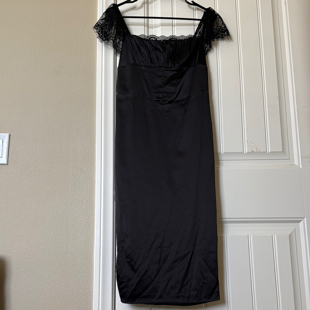 Amazon Black Lace Trim Satin Dress with Adjustable Lacing Detail in Back